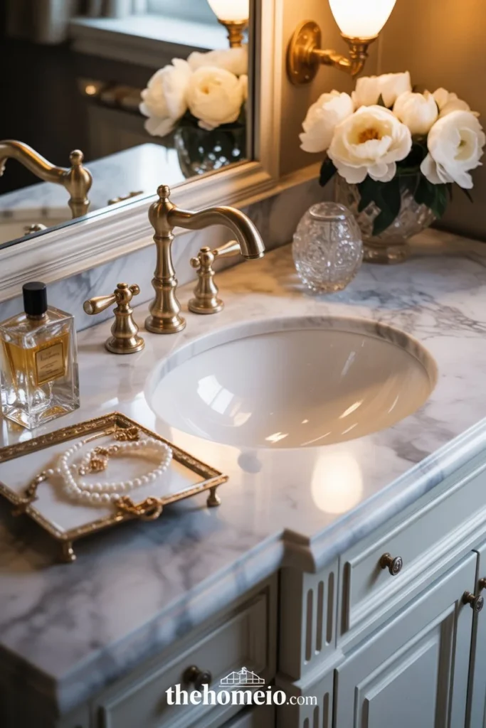 image of luxury and royal image of close-up of a chic bathroom vanity with brushed brass faucet, matching hardware, soft lighting, marble surface, and elegant styling.