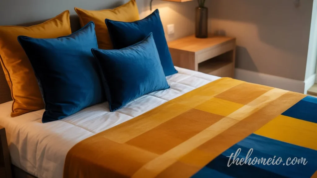 A small bedroom with bold accent colors like navy blue throw pillows and a mustard yellow rug, adding contrast and energy to the room.