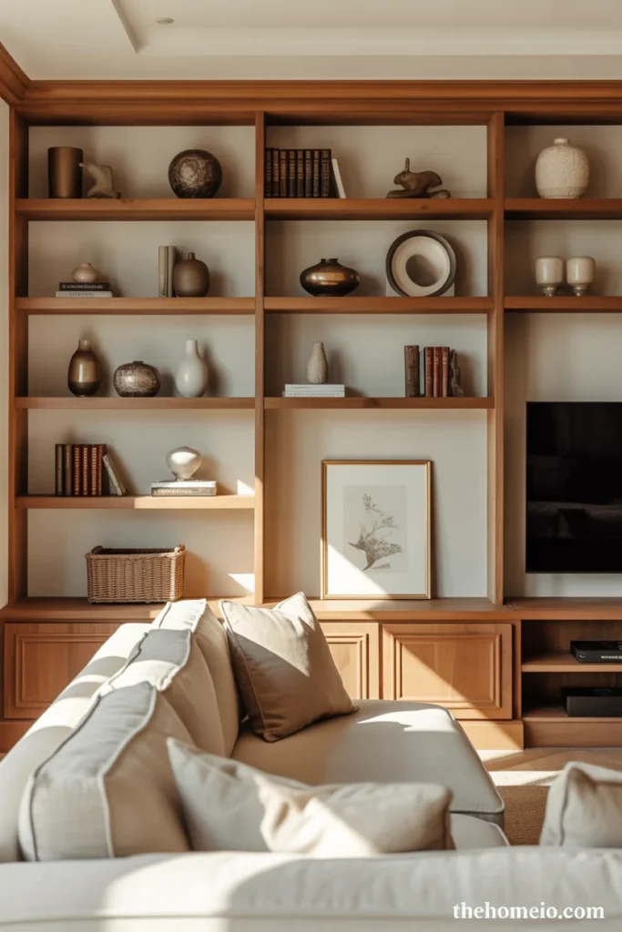 Neutral living room with built-in shelves styled with books, ceramics, and baskets