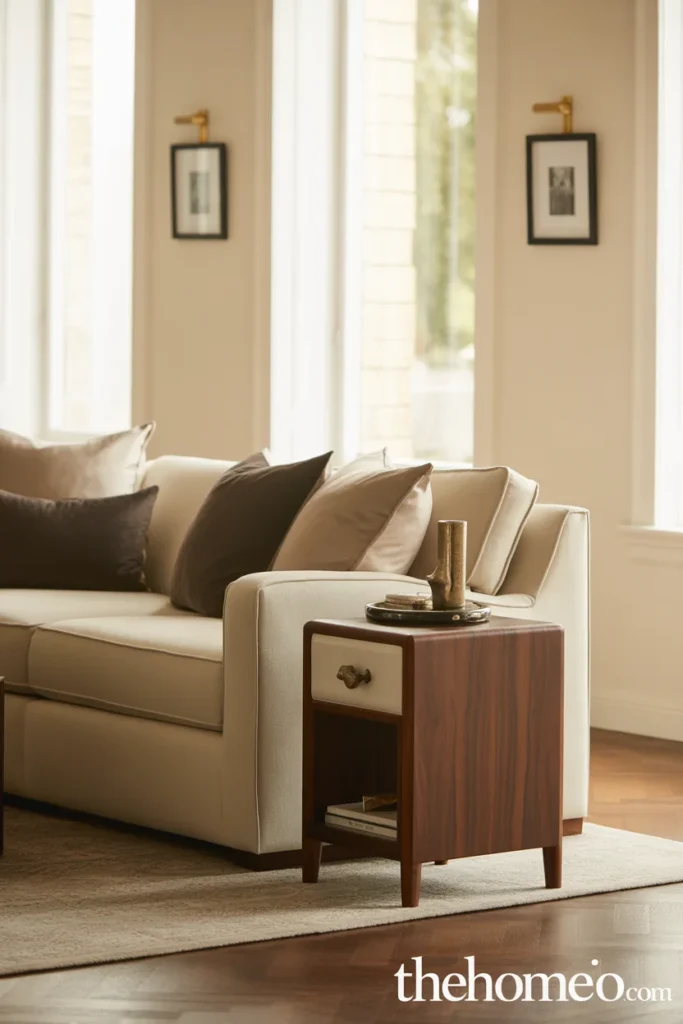 Neutral living room with black and brass accents adding gentle contrast