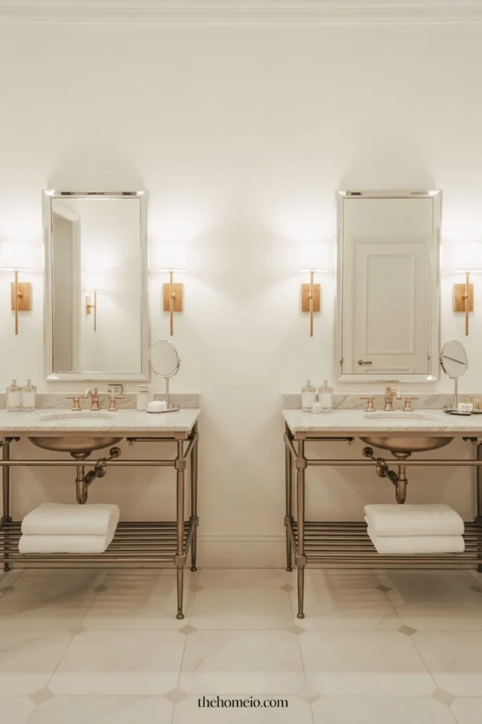 A luxury bathroom with double vanities and two matching mirrors, elegant sconces, soft white towels, neutral colors, and a polished designer look.