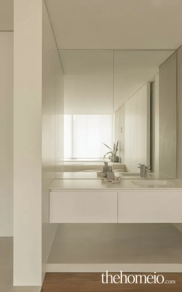 A minimalist bathroom with a large, frameless mirror that reflects light and adds depth, making the room feel more spacious and airy.