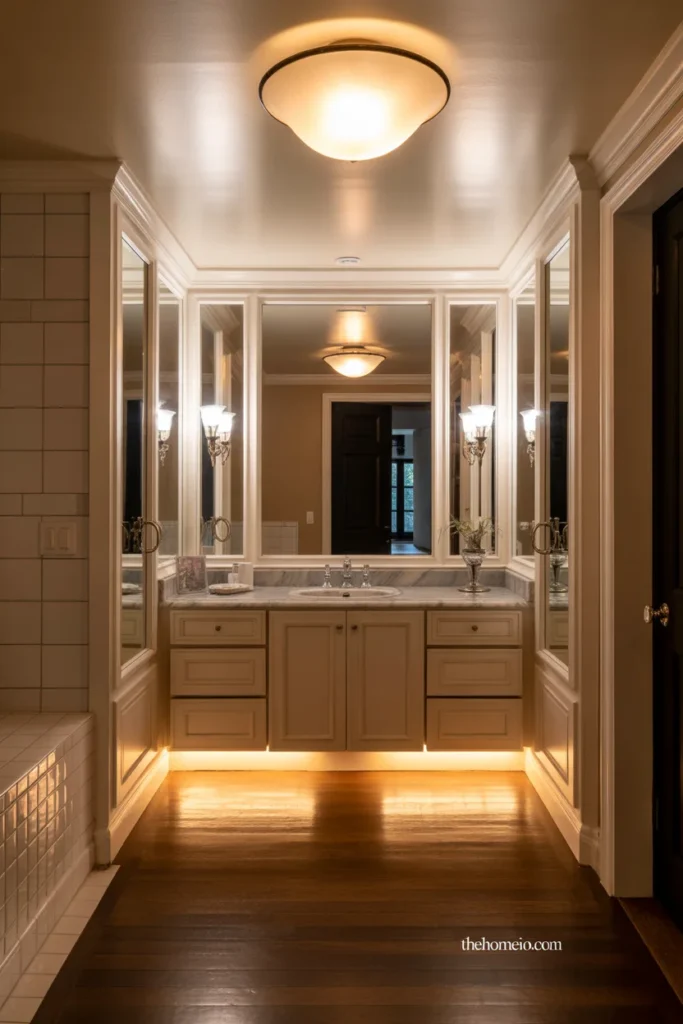 Guest bathroom with layered lighting, wall sconces, and a softly lit vanity