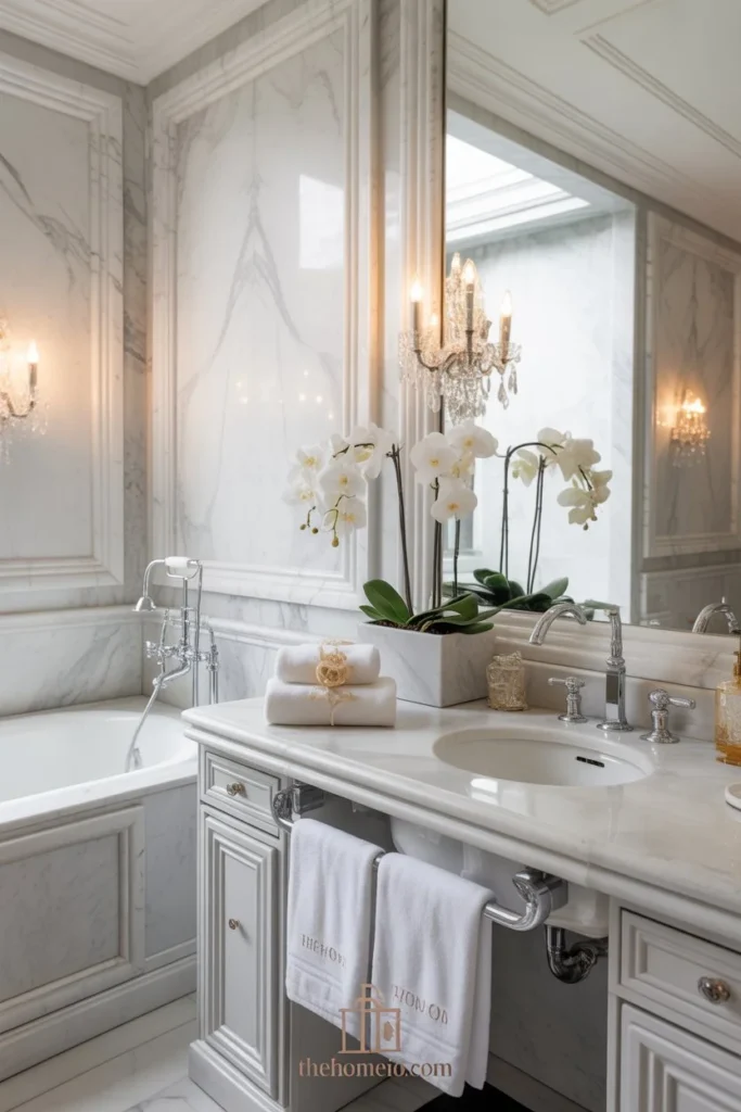 A luxurious Royal bathroom with soft white marble walls, a marble vanity countertop, warm lighting, and elegant decor.