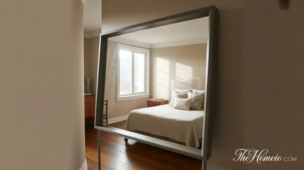 A small bedroom with a large mirror on one wall, reflecting light and making the space feel bigger and brighter.