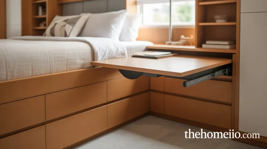 A small bedroom with a multi-functional bed featuring built-in drawers for storage and a fold-out desk for added workspace.