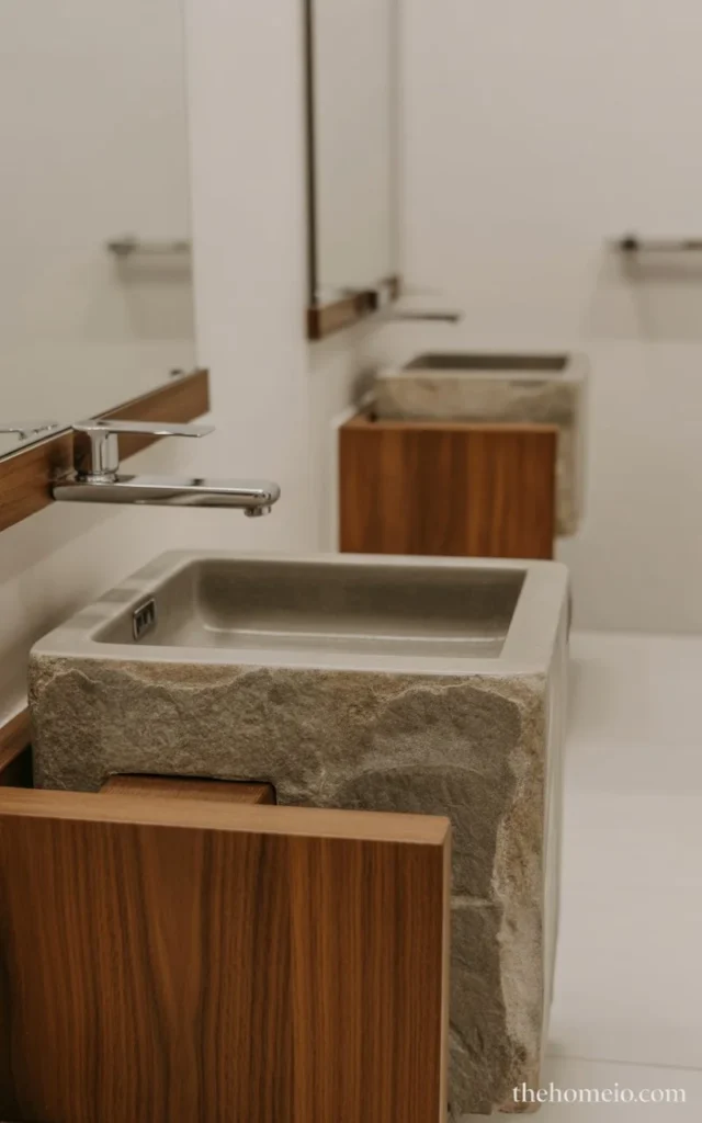 A minimalist bathroom with a stone wash basin and wooden accents, adding natural texture and warmth to the sleek, neutral design.