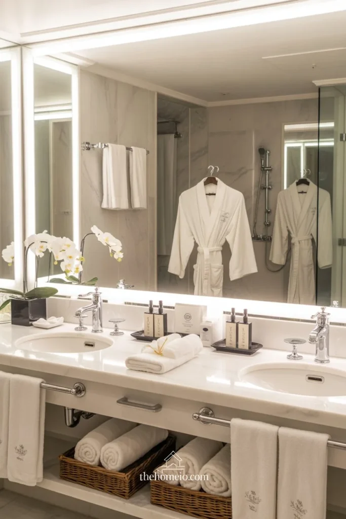 Image A luxury bathroom styled with plush white towels, soft bathrobes, a clean vanity, and spa-inspired decor.