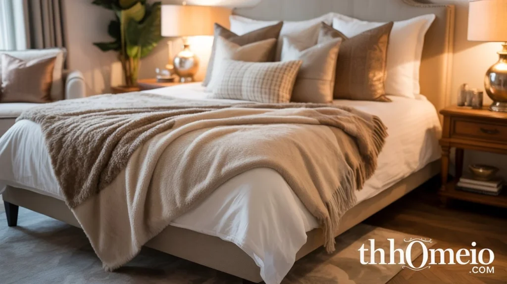A cozy bedroom with plush throw blankets, soft rugs, and decorative pillows, creating a warm, inviting space.