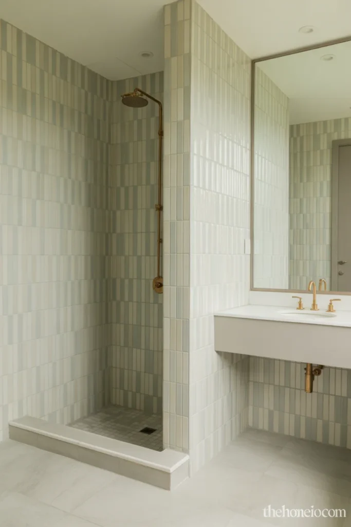 Guest bathroom with vertically stacked tile and a soft stone-look floor
