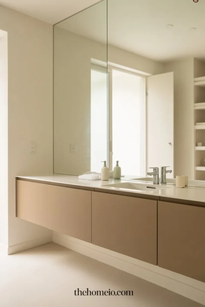 A bright bathroom with a large frameless mirror, floating vanity, soft natural light, white and taupe tones, and minimal elegant decor.