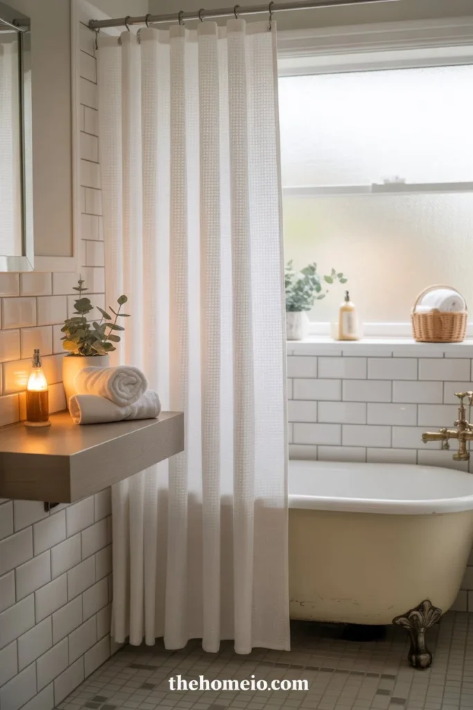 A bright with a soft white textured shower curtain, clean neutral styling, warm lighting, and elegant spa-like details.