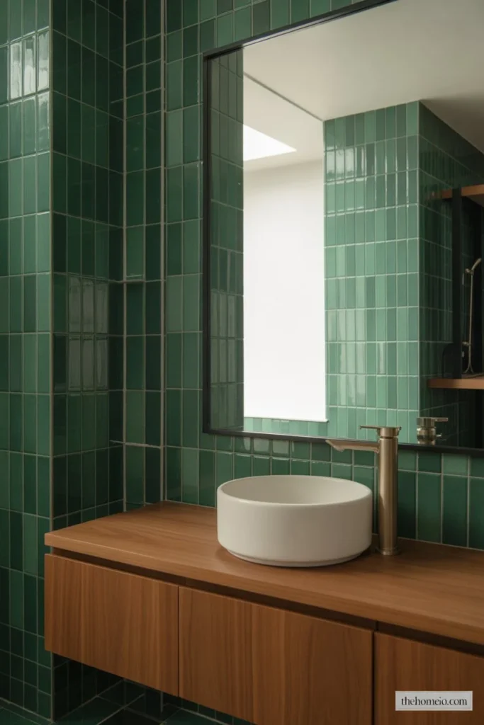 Modern bathroom with vertically stacked green tile and floating vanity