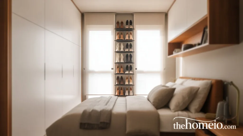 A small bedroom idea looks real bedroom featuring A neat bedroom with a vertical small shoe rack organizing shoes in the corner on the bed shelf, allowing for easy access while saving floor space.
