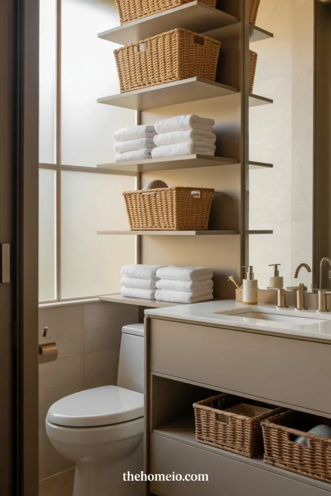 A small bathroom with smart vertical storage, slim wall shelves above the toilet, neatly folded white towels, woven baskets, modern vanity, neutral palette, stylish and practical layout, ultra realistic interior design photography, luxury home decor magazine style, natural daylight, soft shadows, clean composition, realistic materials, accurate bathroom proportions, high detail, crisp focus