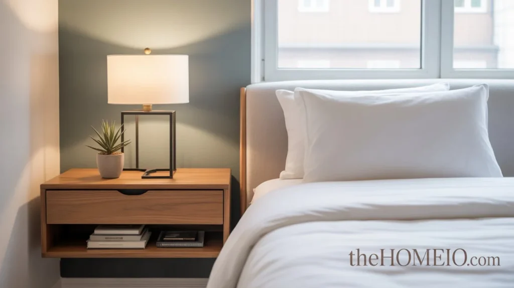 A stylish bedroom with a wall-mounted nightstand holding a lamp and a plant, adding both storage and modern aesthetics while keeping the room feeling spacious.
