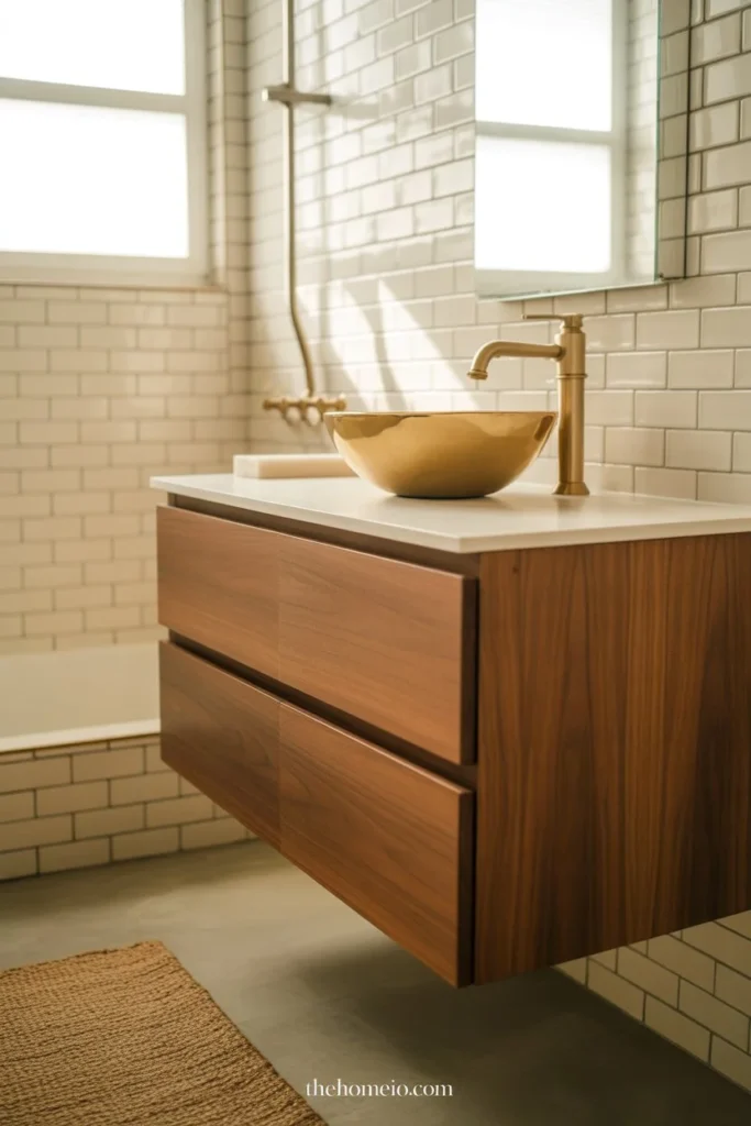 A stylish small bathroom with warm wood vanity, brushed brass faucet, textured rug, soft beige tile, woven accents, cozy and upscale feeling, realistic and eye-catching home decor interior, ultra realistic interior design photography, luxury home decor magazine style, natural daylight, soft shadows, clean composition, realistic materials, accurate bathroom proportions, high detail, crisp focus,