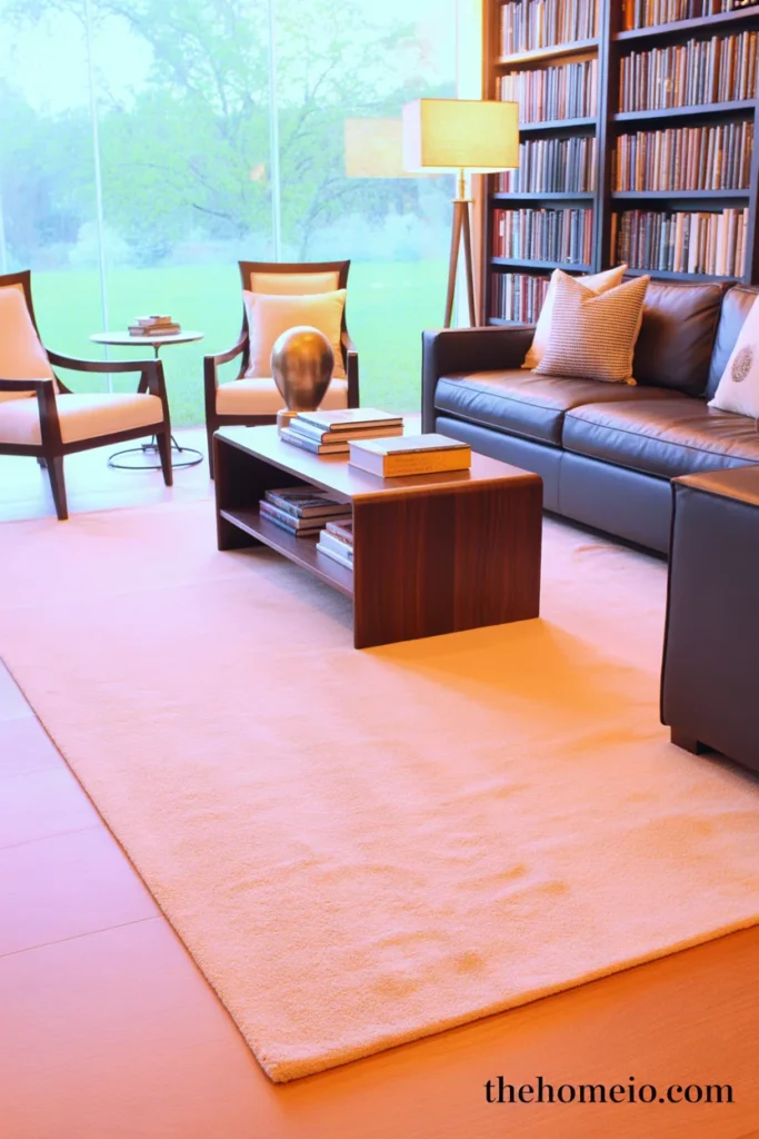 Large living room divided into cozy zones with seating, lighting, and rugs