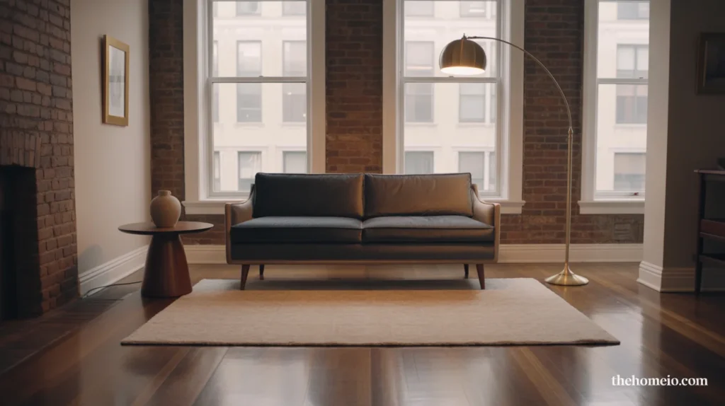 Small apartment living room with a compact mid-century sofa and warm walnut accents