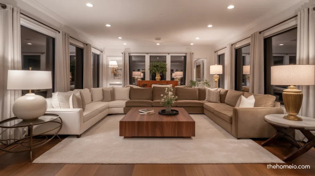 Cozy living room with a large soft rug anchoring the seating area