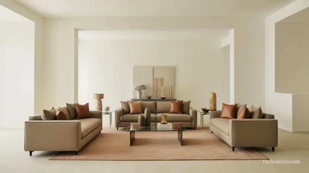 Contemporary living room in warm neutral shades of ivory, taupe, sand, and mushroom