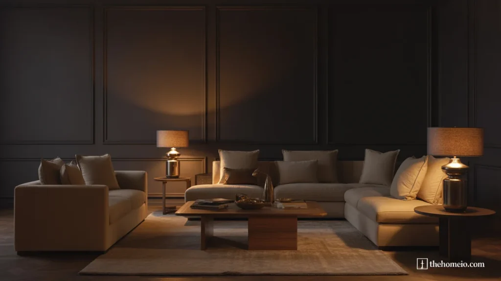 Moody living room with deep taupe walls and warm layered lighting