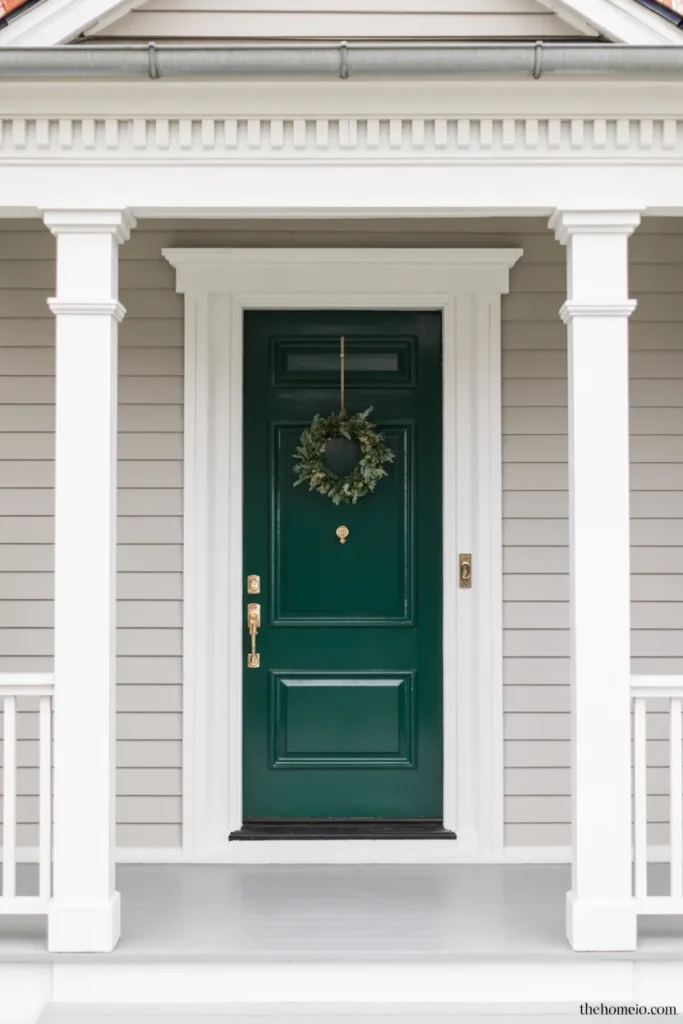Bold forest green front door with brushed brass hardware as statement piece on American home front porch