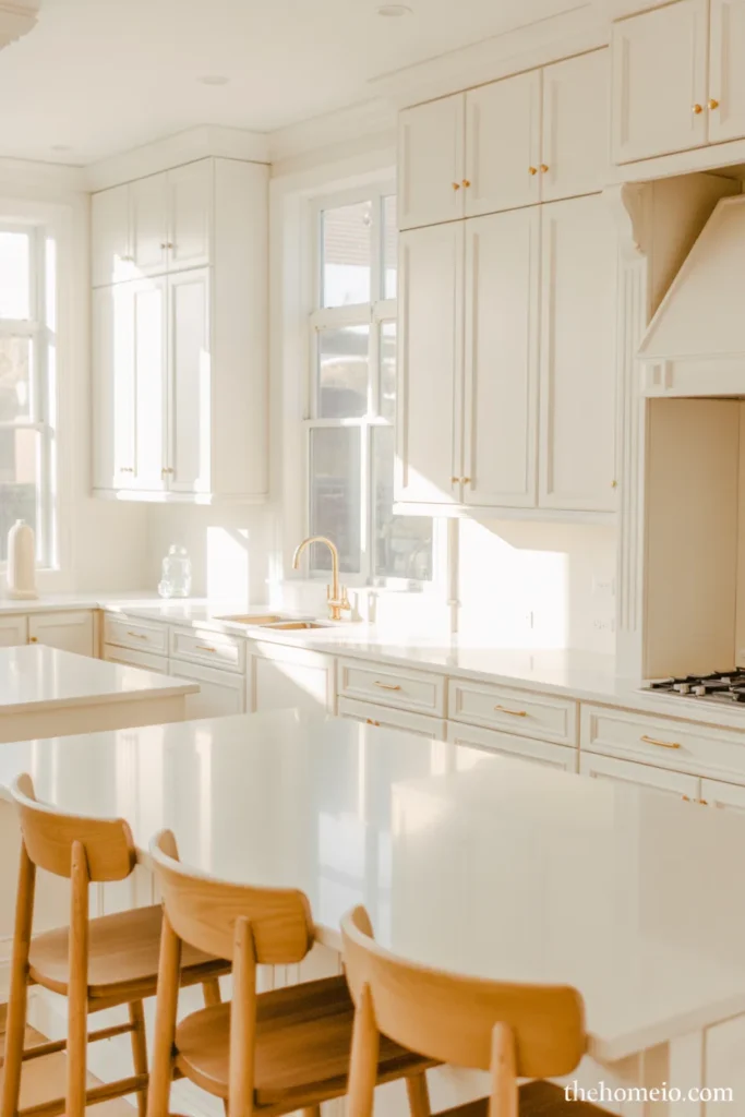 White kitchen with white countertops, gold hardware, and a bright full-room layout