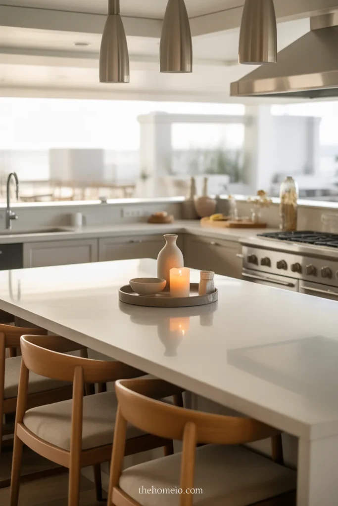 Kitchen island styled with a decorative tray, small vase, candle, and bowl