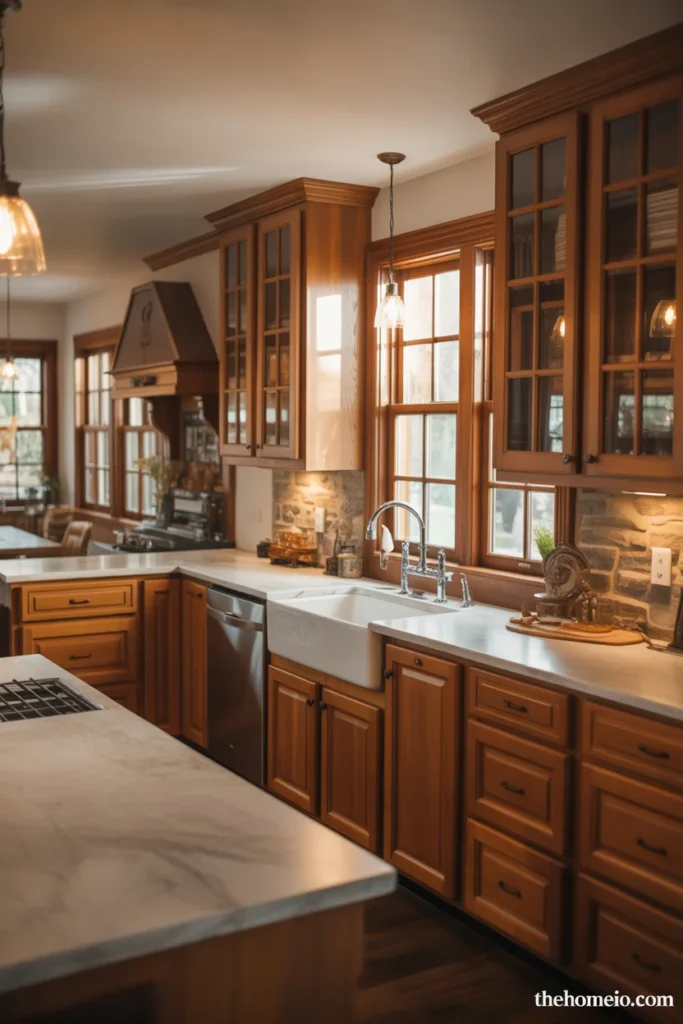 Modern farmhouse kitchen with warm wood cabinets and a farmhouse sink