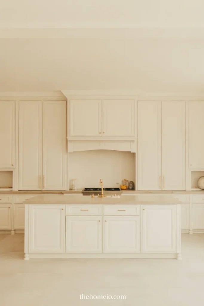 Kitchen with warm white cabinets, light stone counters, and brass hardware