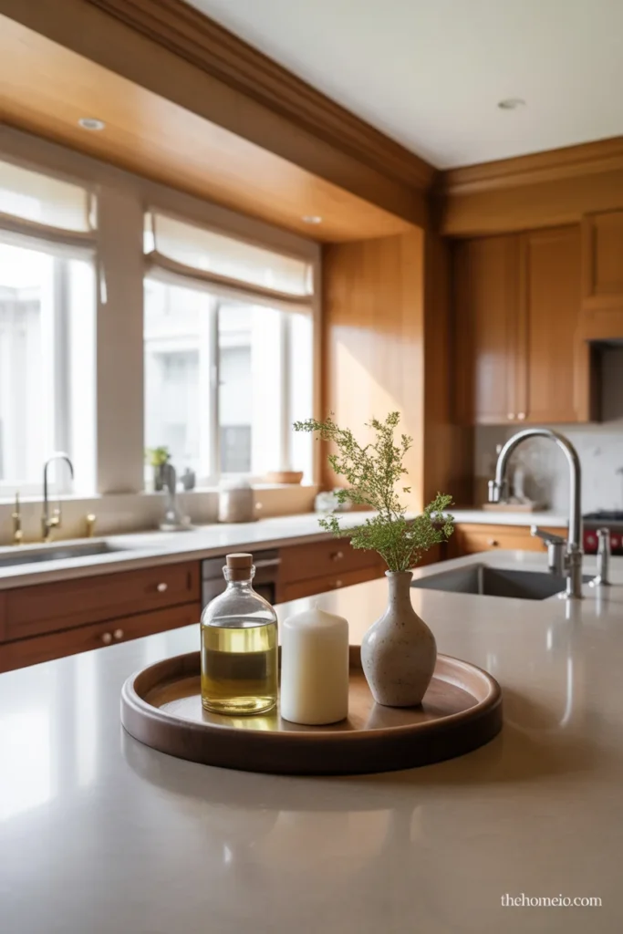 Kitchen with warm white cabinets, light stone counters, and brass hardware
