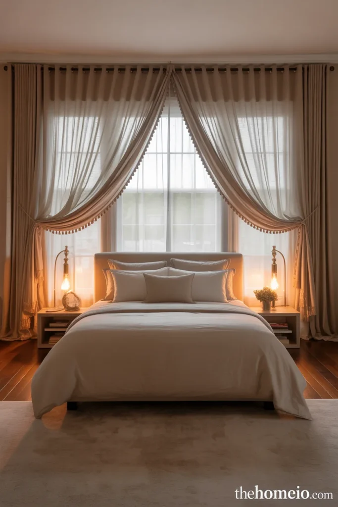 Bedroom window with layered sheer curtains and blackout panels