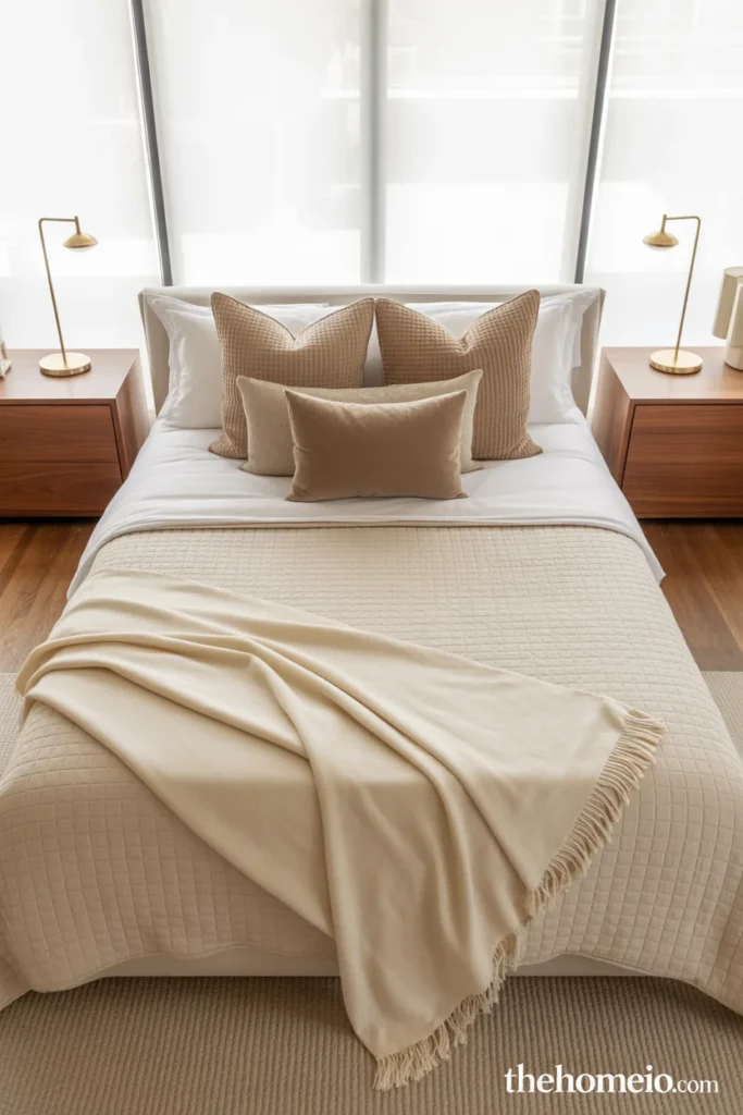 Bedroom makeover with layered bedding, accent pillows, and a cozy neutral palette