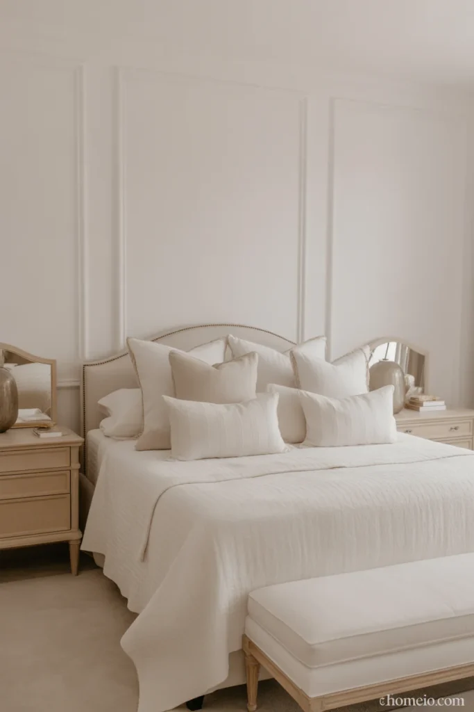 White bedroom with warm white walls and soft elegant furnishings