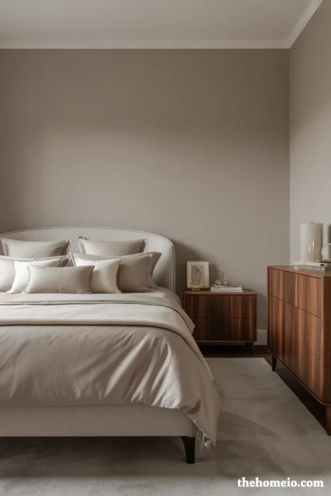 Bedroom with warm grey walls and soft neutral furnishings