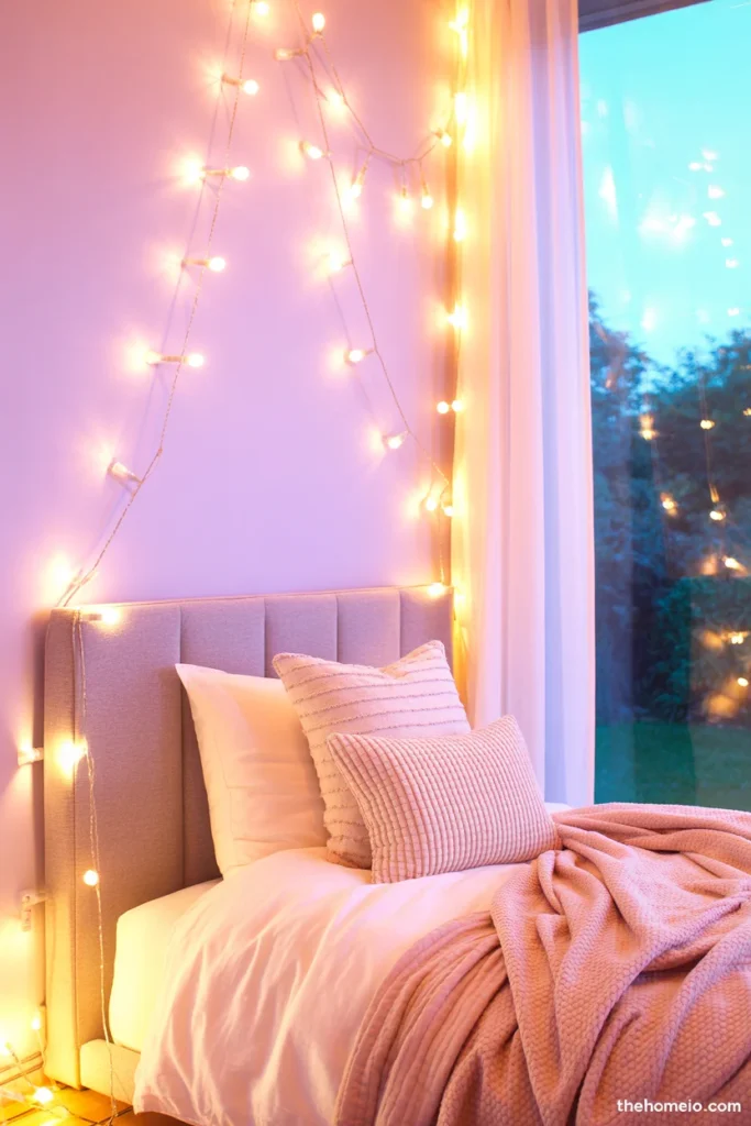 Cozy teen bedroom with layered bed featuring plaid duvet chunky knit throw and coordinating pillows