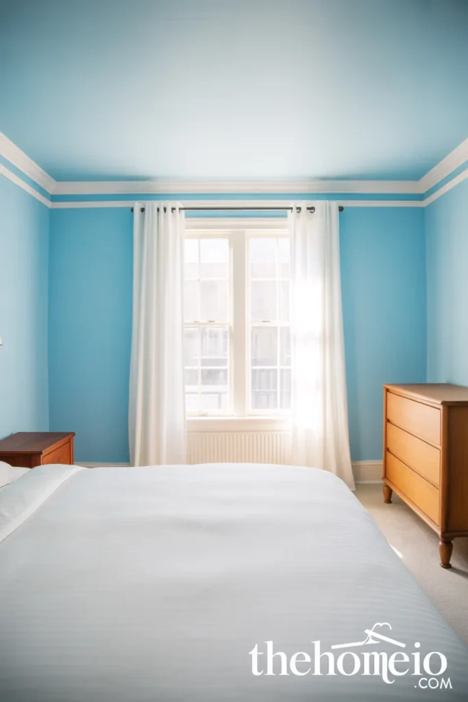 Bright airy bedroom with soft sky blue walls white trim white bedding and natural wood furniture