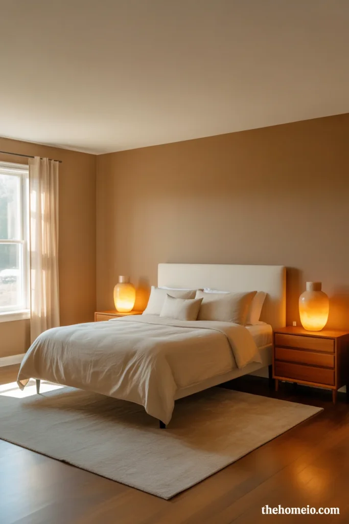 bedroom with warm greige walls cream bedding wood nightstands and amber ceramic lamps