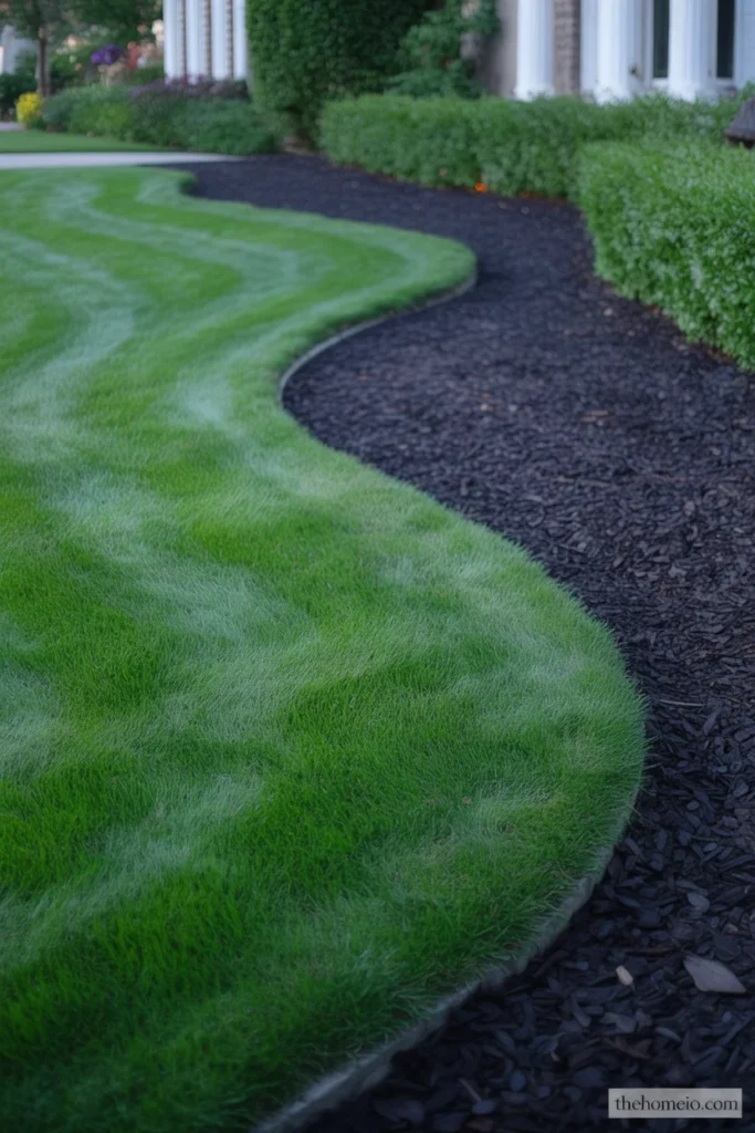 Crisp clean lawn edge separating green grass from dark mulched garden bed in front yard