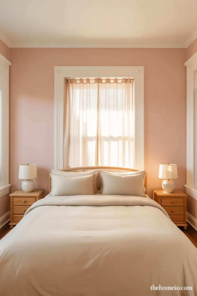 Warm airy bedroom with soft blush walls white trim cream bedding wood frame and ceramic lamps