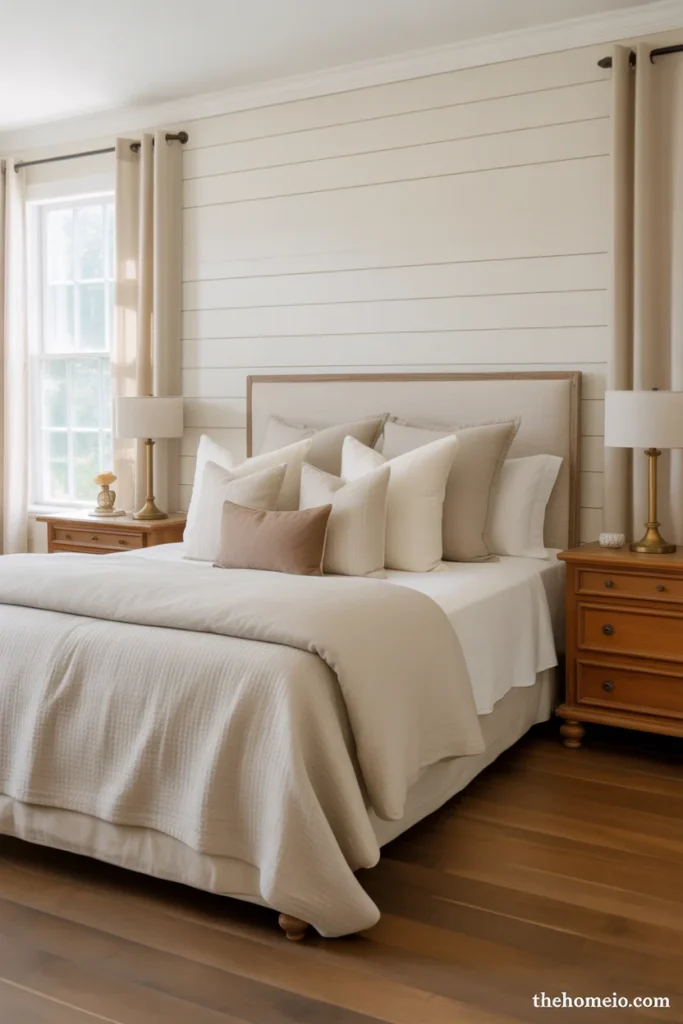 Classic farmhouse bedroom with white shiplap accent wall linen headboard cream bedding warm wood nightstands and brass lamps