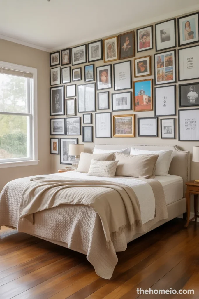 bedroom gallery wall with mixed black frames art prints photos and quotes above upholstered headboard and cream bedding
