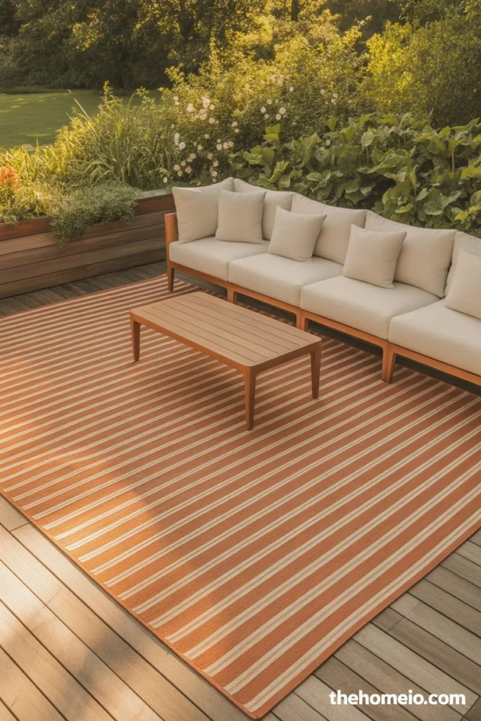 backyard patio with large terracotta stripe outdoor rug anchoring sectional sofa and teak coffee table seating area