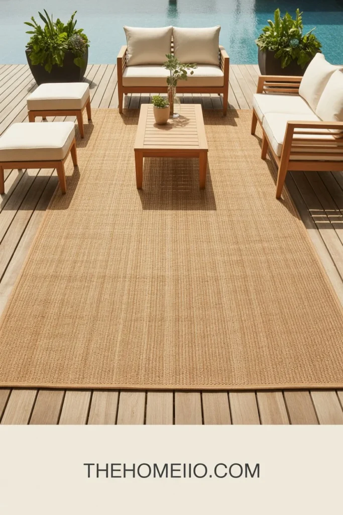 patio with large properly sized natural outdoor rug anchoring full seating area with all furniture legs on the rug