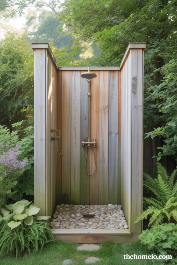 Rustic American backyard outdoor shower with three-sided weathered cedar plank enclosure brass shower head and natural river pebble floor