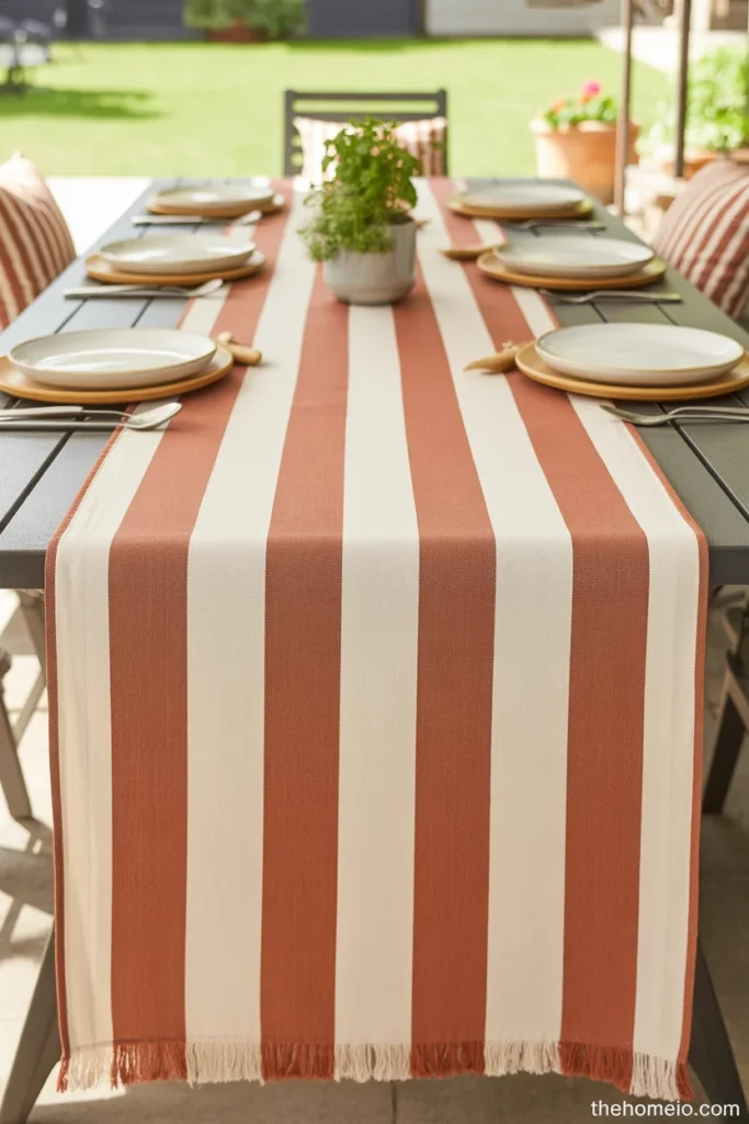 patio dining table with bold terracotta and cream stripe outdoor table runner white dishware and small potted herb centerpiece