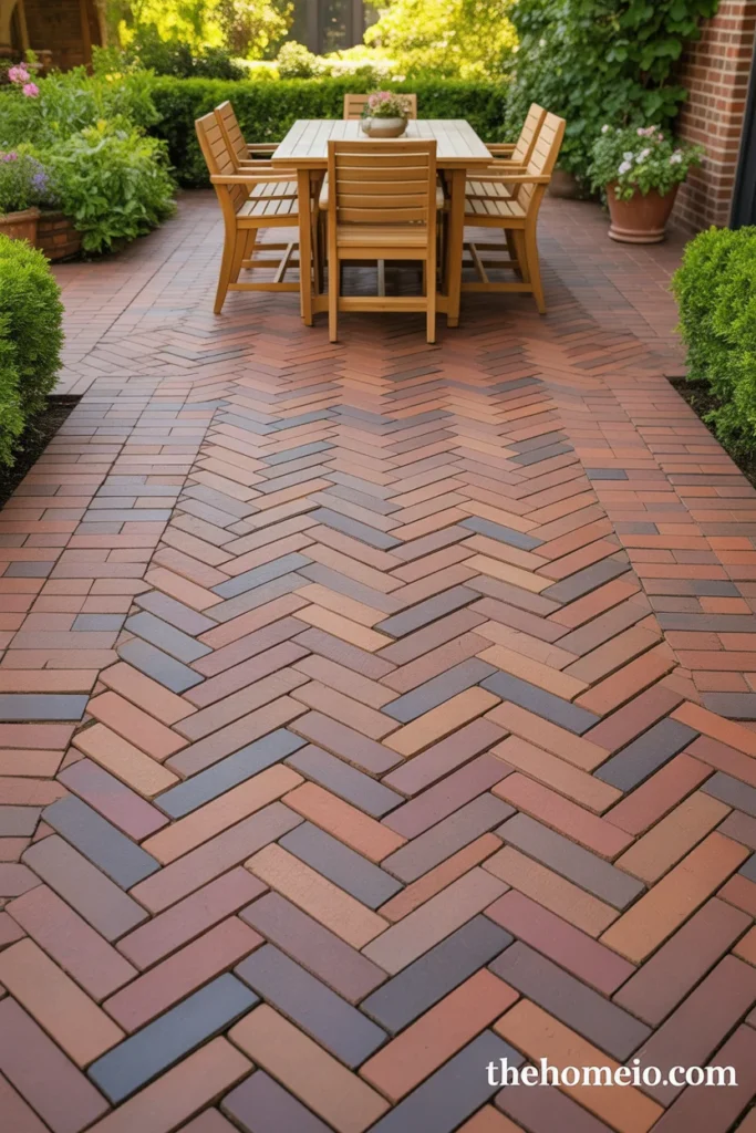 backyard patio with warm red-brown clay brick pavers in herringbone pattern and teak outdoor furniture