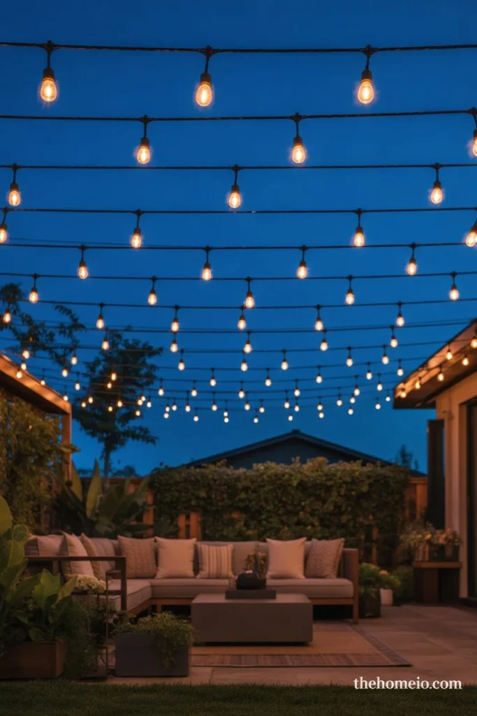 backyard patio at dusk with full canopy of warm Edison string lights glowing amber against deep blue evening sky