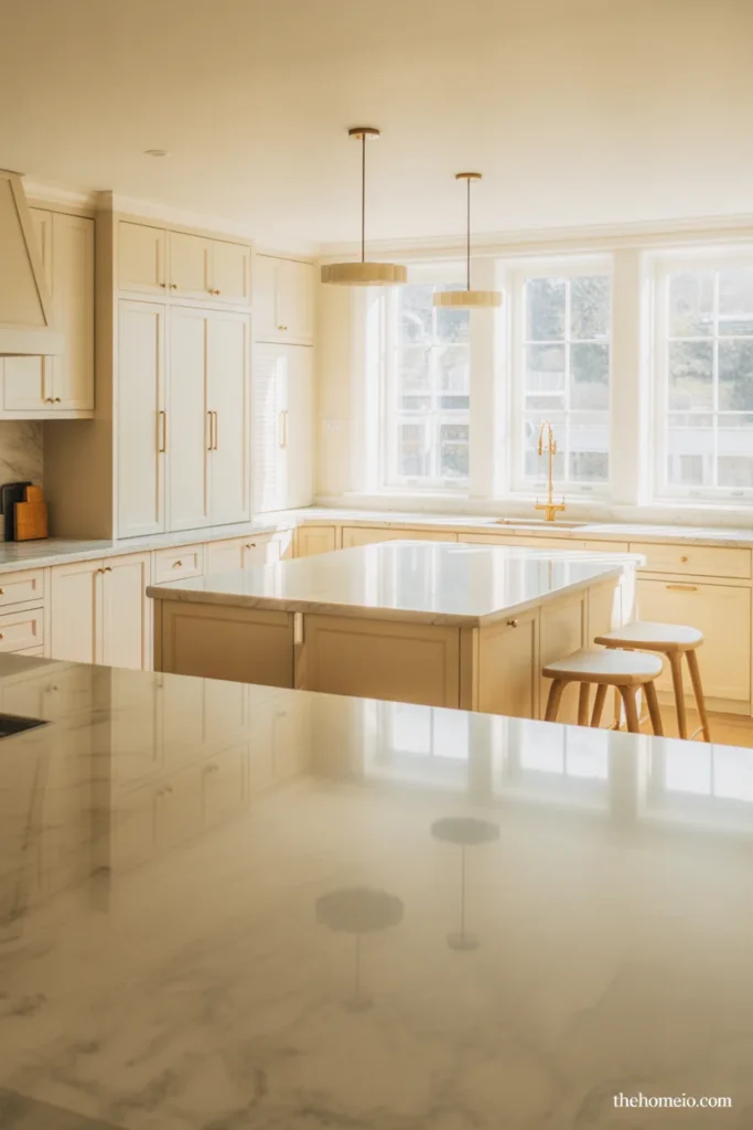 Kitchen with warm white cabinets, brass hardware, and stone countertops